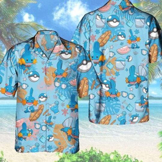 Pokem0n Mudkip Hawaiian Pattern Hawaii Shirt, Aloha Anime Mudkip Button Up Shirt
