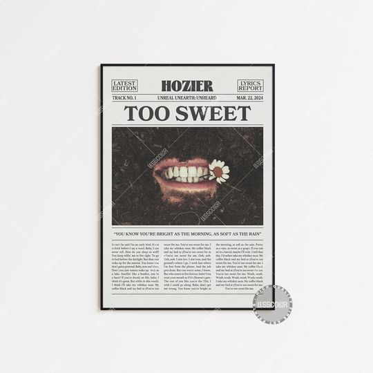 Hozier Retro Newspaper Print, Too Sweet Poster, Too Sweet Lyrics Print