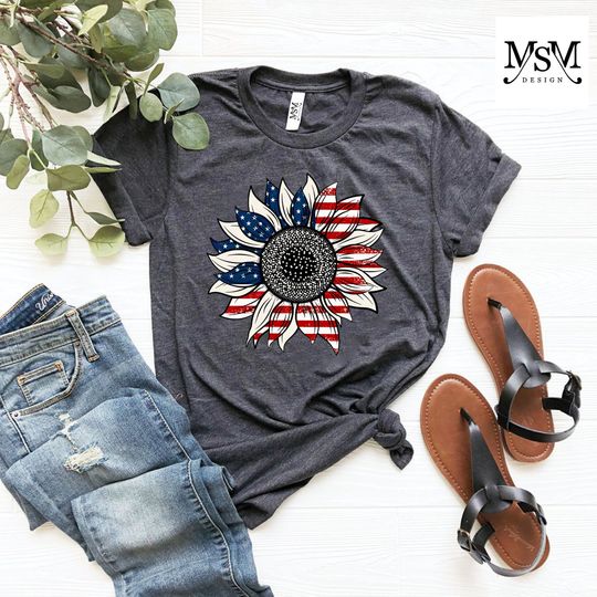 America Sunflower Shirt, USA Flag Flower T Shirt, Gift For American, 4th Of July Flag Graphic T-Shirt