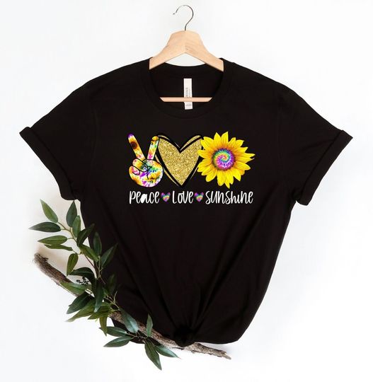 Peace Love Sunshine, Premium Cotton Tee , Soft Tee Shirt, Plus Size Available, Sunflower Tee