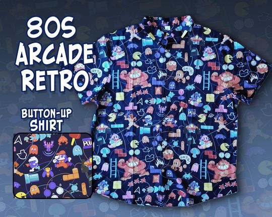 80s RETRO ARCADE Pattern Button Up Hawaiian Shirt