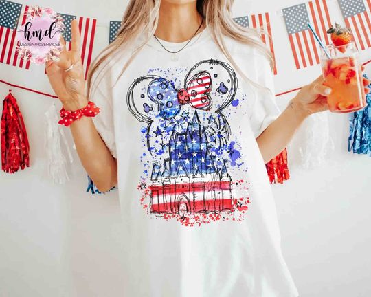Disney Castle Watercolor Mickey Minnie 4th of July T-shirt, Happy Independence Day 2024 Matching Tee, Patriotic USA Flag, Disneyland Family