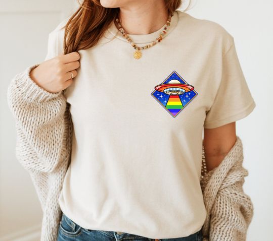 Rainbow Space Ship Pocket T-shirt, LGBT Shirt, Spaceship Shirt, Colorful Rainbow Shirt, LGBTQ UFO Shirt, Lgbt Pride Shirt, Gay Ufo Shirt