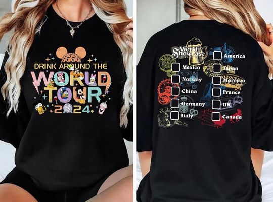 Epcot World Tour 2024 Shirt, Drink Around The World Tour T-Shirt, Epcot World Showcase Two Sided Tee, Mickey And Friends Drinking Team