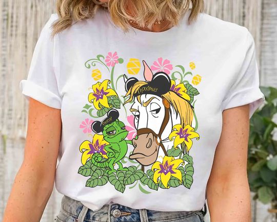Disney Tangled Characters Retro Shirt, Funny Pascal And Maximus Mickey Ears Floral T-shirt