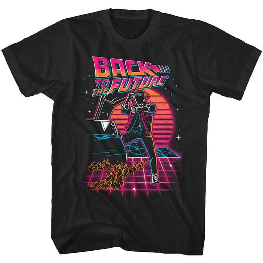 Back to The Future Men's T-Shirt Neon Synthwave Sunset Black Graphic Tee 80s Sci Fi Movie T-shirt Men's Clothing Cool Gift For Brother
