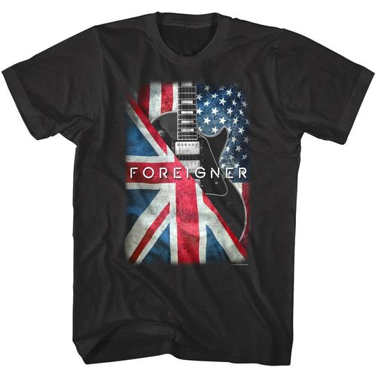 Foreigner Men's T-Shirt British American Flags Guitar Men's Graphic Tee Rock Band Concert USA UK Flags Stars Stripes Union Jack Tshirt