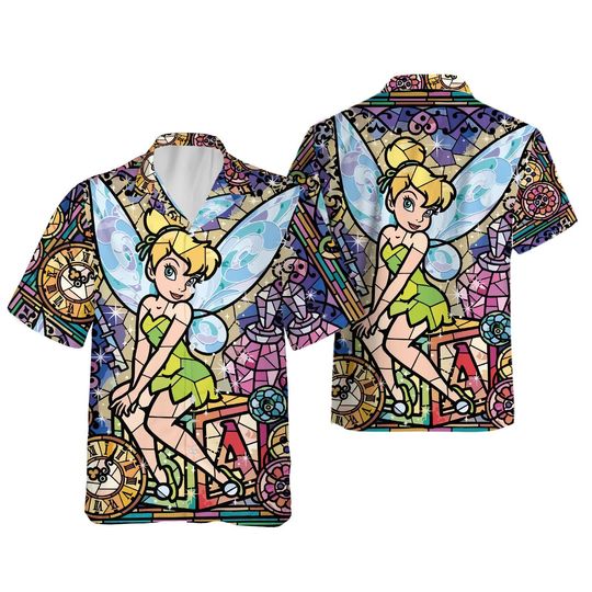 Disney Tinker Bell Hawaiian Shirt, Tinkerbell 1953 Neverland Button Up Stain Glass Art Shirt, Disney Princess, Disneyworld Shirts