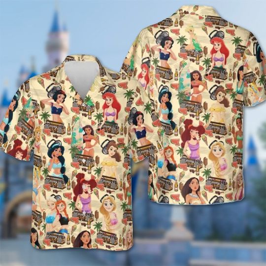Princess Summer Swimming Hawaii Shirt, Characters Button Up Shirt, Cartoon Hawaiian Shirt Gift, Princess Movie 3D All Over Print Shirt