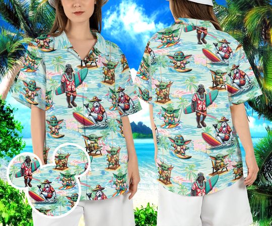 Star Wars Surfing Hawaiian Shirt, Mandalorian Summer Hawaii Shirt, Baby Yoda Beach Aloha Shirt, Darth Vader Stormtrooper Button Shirt