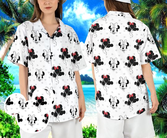 Minnie Mouse Hawaiian Shirt, Minnie Balloons Summer Hawaii Shirt, Disneyland Minnie Beach Aloha Shirt, WDW Girls Trip Button Shirt