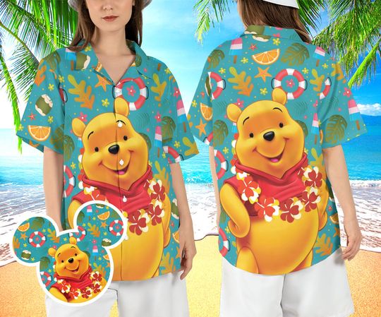Winnie the Pooh Hawaiian Shirt, Pooh Tropical Fruit Hawaii Shirt, Pooh Bear Beach Aloha Shirt