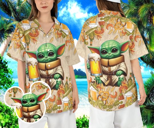 Baby Yoda Beer Hawaiian Shirt, Funny Star Wars Drinking Hawaii Shirt, Madalorian Beach Aloha Shirt
