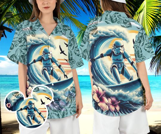 Stormtrooper Surfing Hawaiian Shirt, Star Wars Beach Hawaii Shirt, Galaxy Edge Tropical Aloha Shirt