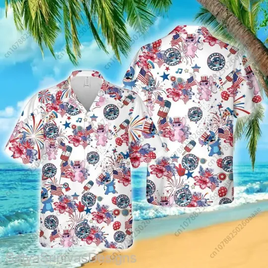 Disney Stitch and Angel 4th July Hawaiian Shirt
