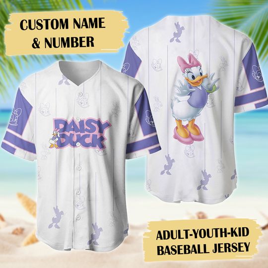 Cute Duck Graphic White Purple Baseball Jersey, Duck Baseball Jersey, Cartoon Movie Jersey Shirt