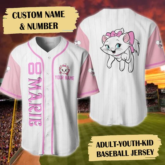 Personalized White Kitten Baseball Jersey, Custom Name Animated Cat Baseball Jersey