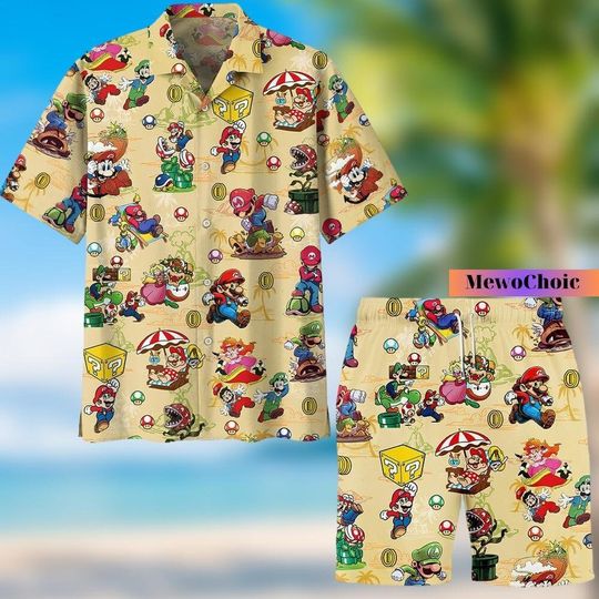 Mario Hawaiian Shirt, Mario Man Shorts, Mario Tropical Button