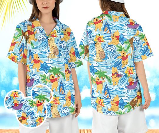 Pooh Bear Beach Hawaiian Shirt, Winnie the Pooh Summer Hawaii Shirt, Pooh Honey Pot Beach Aloha Shirt