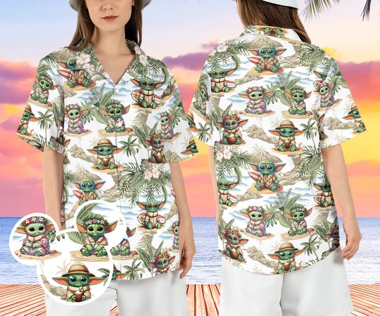Baby Yoda Beach Hawaiian Shirt, Star Wars Grogu Hawaii Shirt, Mandalorian Tropical Summer Aloha Shirt