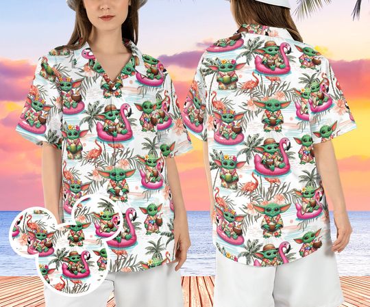 Baby Yoda Flamingo Beach Hawaiian Shirt, Star Wars Summer Hawaii Shirt, Tropical Grogu Aloha Shirt