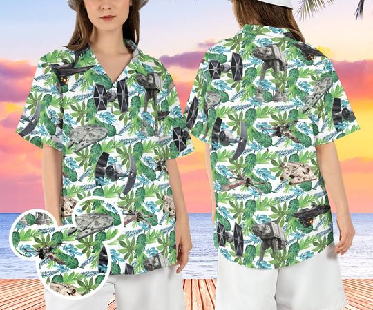 Star Wars Spaceships Hawaiian Shirt, At At Walker Tropical Leaves Hawaii Shirt, Galaxy Edge Beach Aloha Shirt