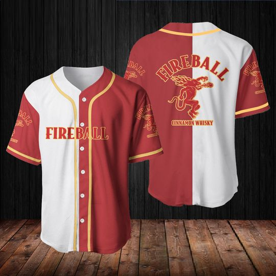 White and Red FireBall Baseball Jersey, FireBall Jersey Shirt, FireBall Baseball Shirt
