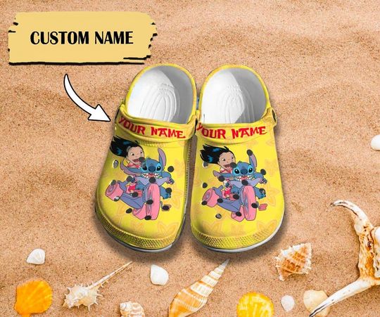 Custom Name Yellow Clog, Stitch Clogs, Cartoon Fan Gift