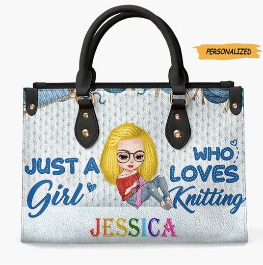 Just A Girl Who Loves Knitting Personalized Knitting Leather Bag