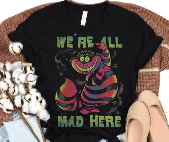 Disney Alice In Wonderland Cheshire Cat Neon All Mad Here Retro T-Shirt