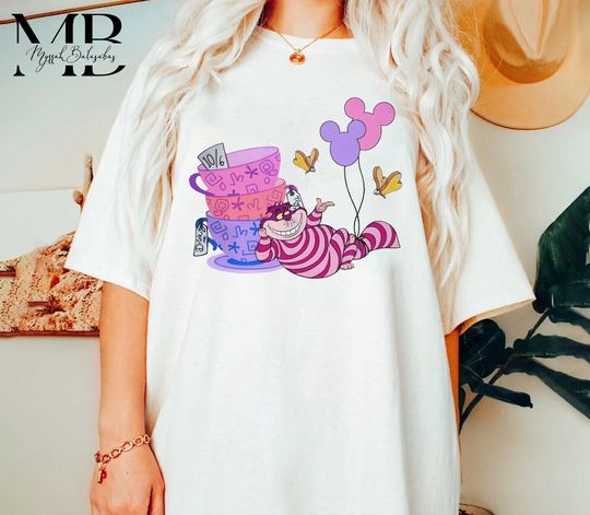 Disney Alice In Wonderland Cheshire Cat Mickey Ears Balloon Tea Cup Shirt, Alice in Wonderland Shirt