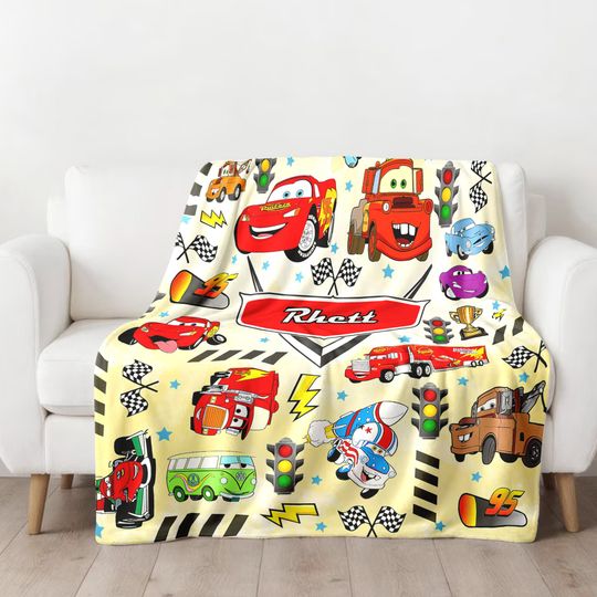 Personalized Cars Blanket, Racing Car Lightning Characters Fleece Blanket, Cartoon Quilt
