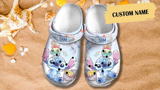 Personalize Cute Blue Dog Alien Clogs Shoes, Custom Name Adults Kid Clog Sandals