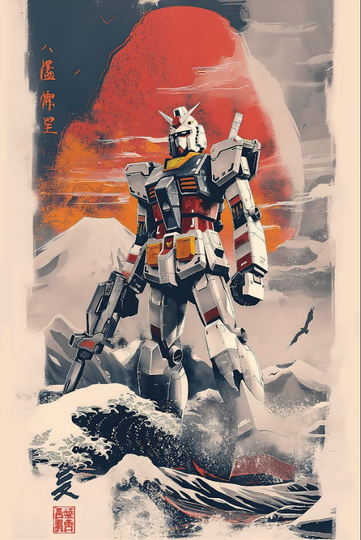 Gundam RX 93 Japanese The Great Wave off Kanagawa Style Poster
