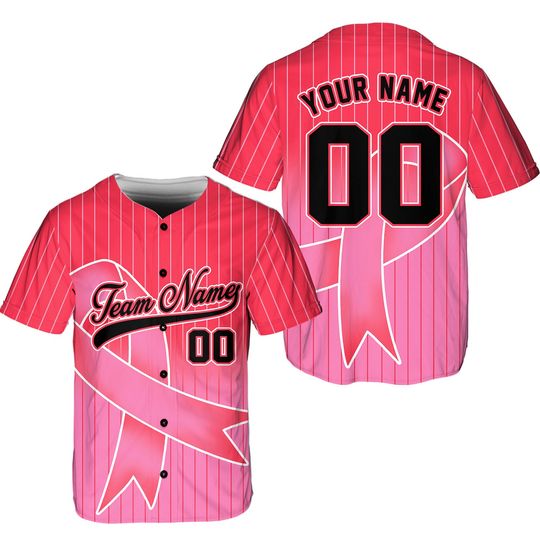 Personalized Breast Cancer Team Name And Number Baseball Jersey, Custom Pink Ribbon Baseball Jersey Shirt