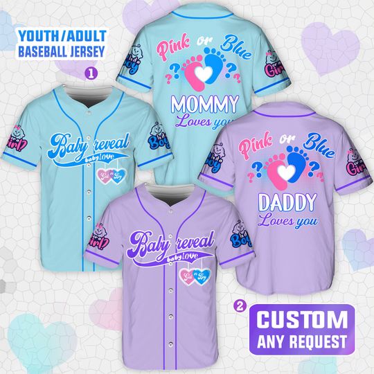 Personalized Baby Reveal Baseball Jersey, Blue or Pink Baseball Jersey, Gender Reveal Jersey