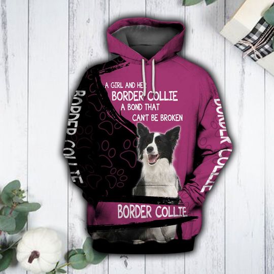 Unisex Pink Border Collie Hoodie, Cute Border Collie Hoodie