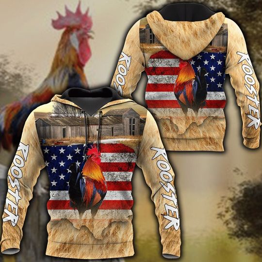 Unisex Premium Rooster Hoodie, Rooster Lover Hoodie,  American Flag Pullover, Animal Gift