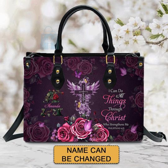 Personalized Floral Leather Handbag - Custom Name