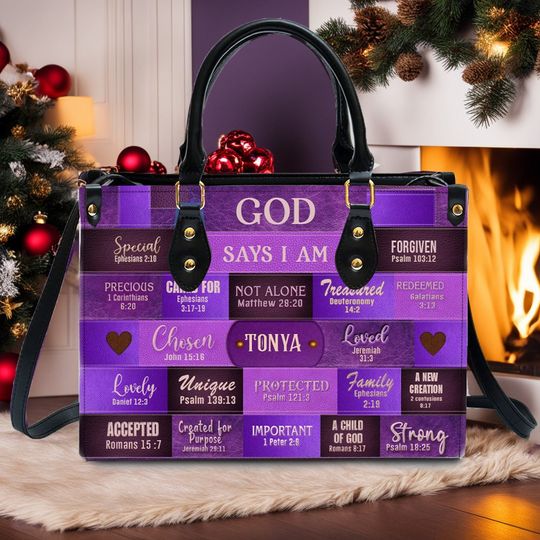 God Says I Am Leather Handbag Purple, Personalized Bags, Gifts for Women