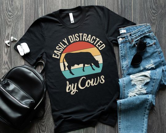 Easily Distracted By Cows, Cow Shirt, Vintage Cow Tee, Cow Lover Gift, Retro Cowgirl Shirt