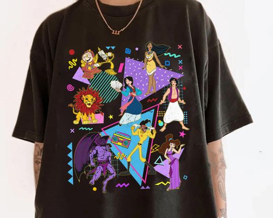 Retro 90s Characters   Powerline Aladdin Simba Mulan Pocahontas Lumiere Cogsworth Disney T-shirt
