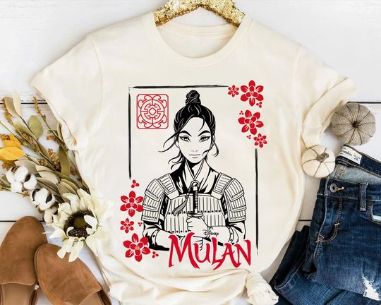 Disney Mulan Movie Floral Ink Portrait Retro Shirt, Family Birthday Gift