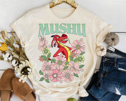 Disney Floral Mushu Retro 90s Style T-Shirt, Disney Mulan Mushu Dragon Shirt
