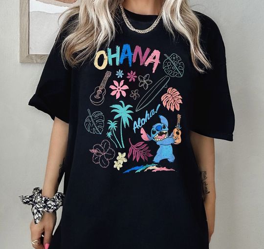 Aloha Ohana Stitch Play Guitar Shirt, Disney Stitch Flower Shirt, Aloha Stitch Shirt