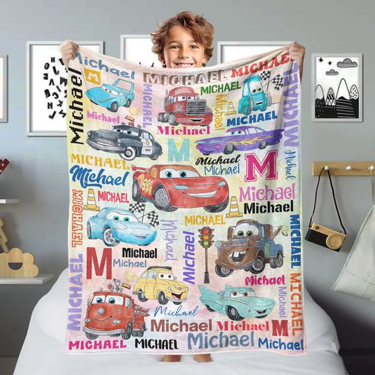 Personalized Car Movie Blanket, Characters Blanket, Magic World Birthday Boy Blanket Gift