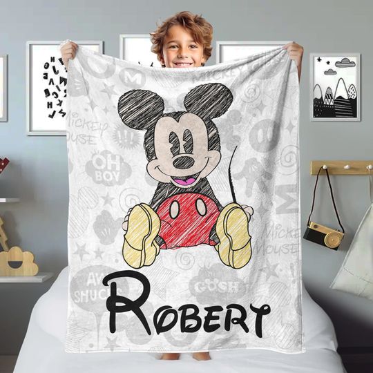Personalized Cute Mouse Blanket, Customized Name Mouse Character Blanket, Animated Character Fleece Blanket