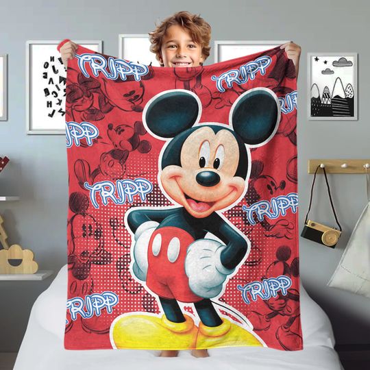 Personalized Cute Red Mouse Blanket, Custom Name Animated Mouse Character Fleece Blanket