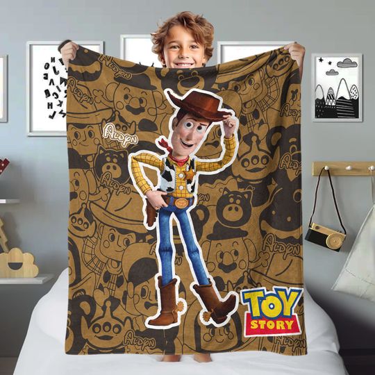 Personalized Animated Toy Characters Blanket, Custom Name Toy Cowboy Character Fleece Blanket