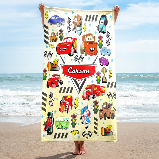 Personalized Car Beach Towel, Custom Name Car Movie Towels, Racing Car Lightning Characters Towed